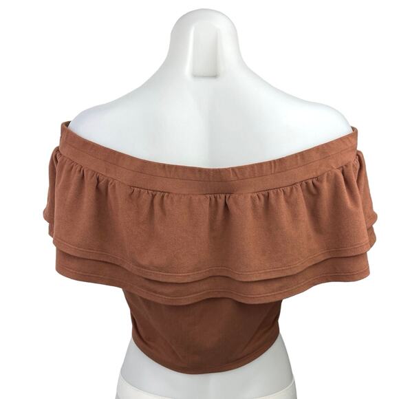 Design Lab Lord & Taylor Brown Suede Ruffle Off the Shoulder Crop Top Blouse M - Picture 2 of 4